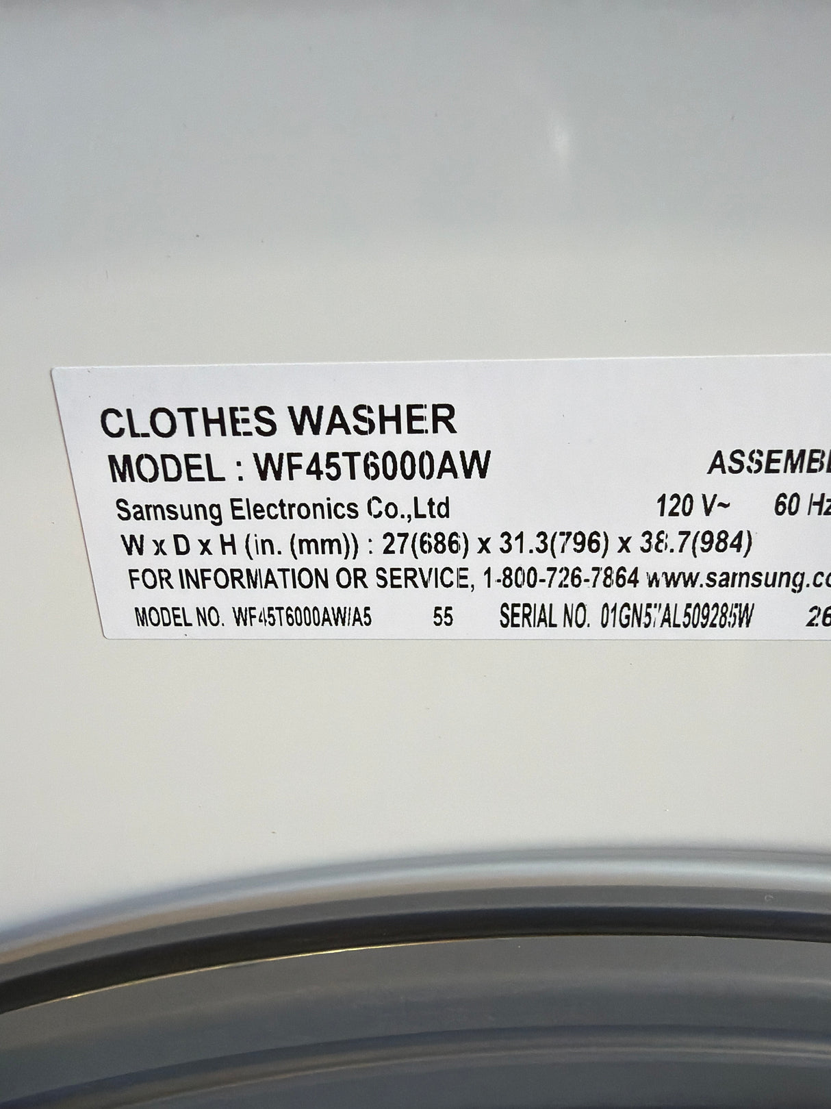 T8ID47 - Samsung WF45T6000AW/A5 Front Load Washer