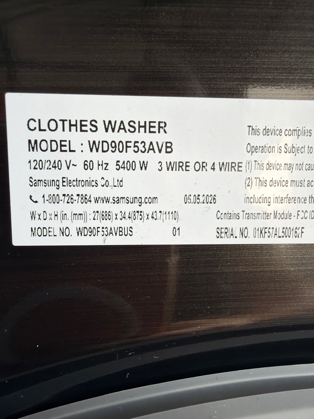 T13ID47 – WD90F53AVBUS 5.3 Cu. Ft. Bespoke AI All-in-One Washer & Dryer – Samsung