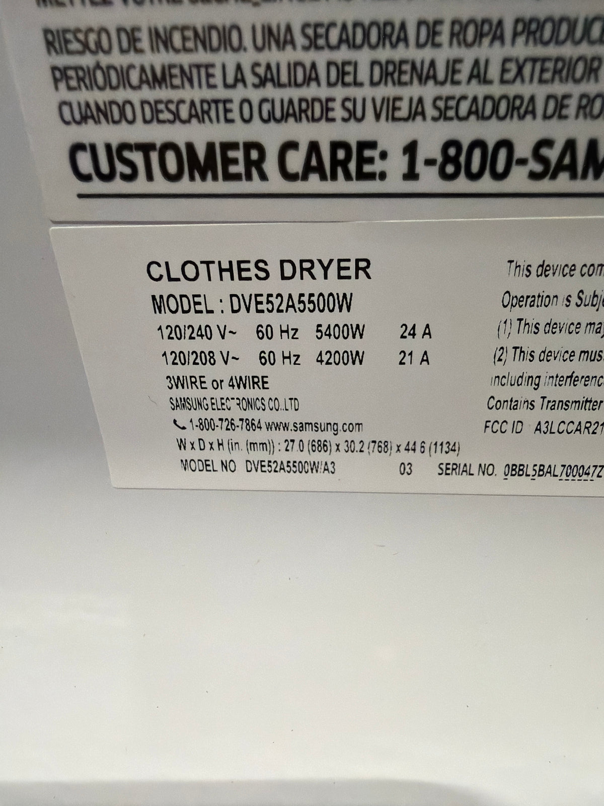 Samsung 7.4 cu ft Smart Electric Dryer DVE52A5500W/A3 – T2NP09