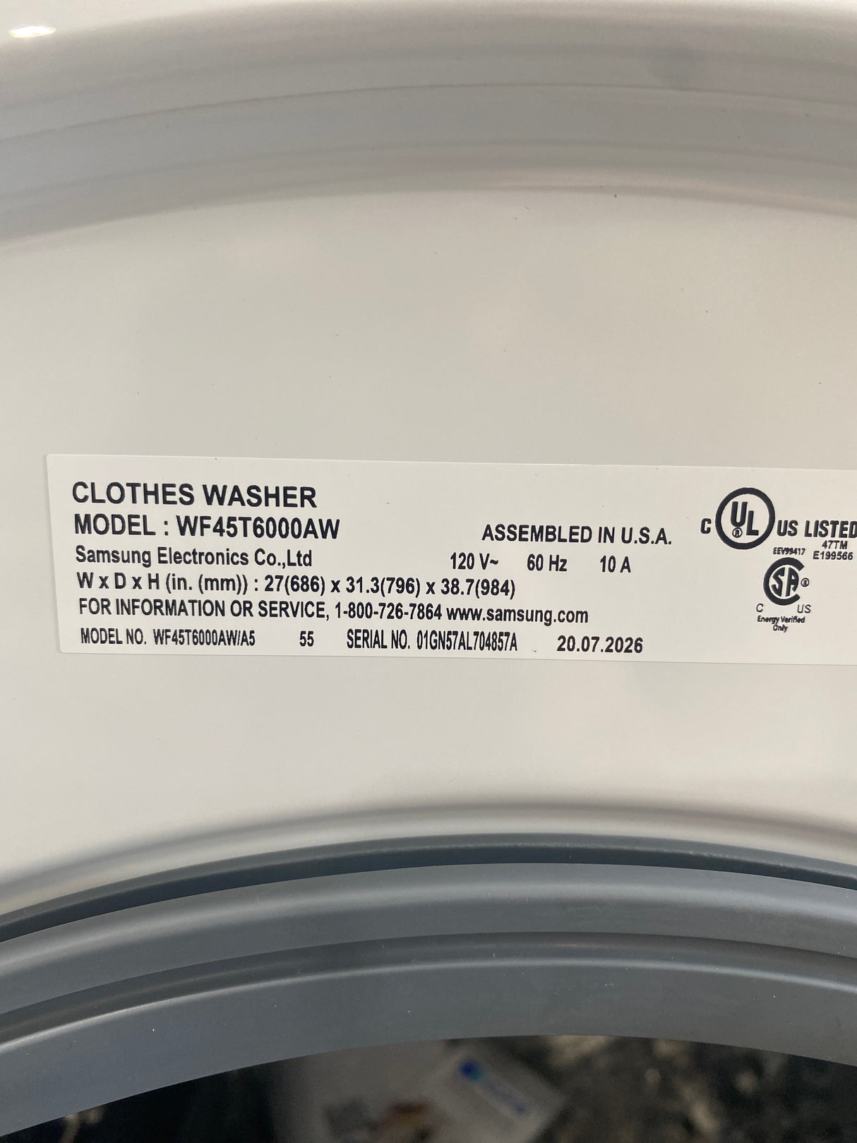 T11ID46 Samsung 4.5 cu ft Front Load Washer WF45T6000AW –