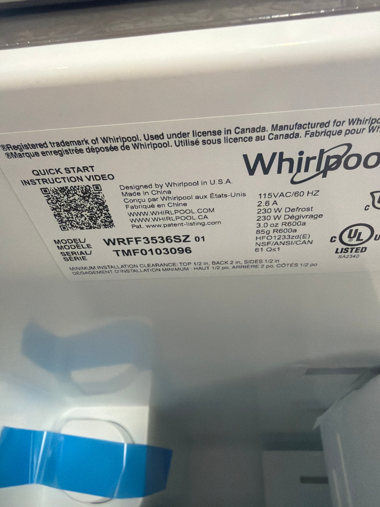 T10ID33 – WRFF3536SZ French Door Refrigerator – Whirlpool