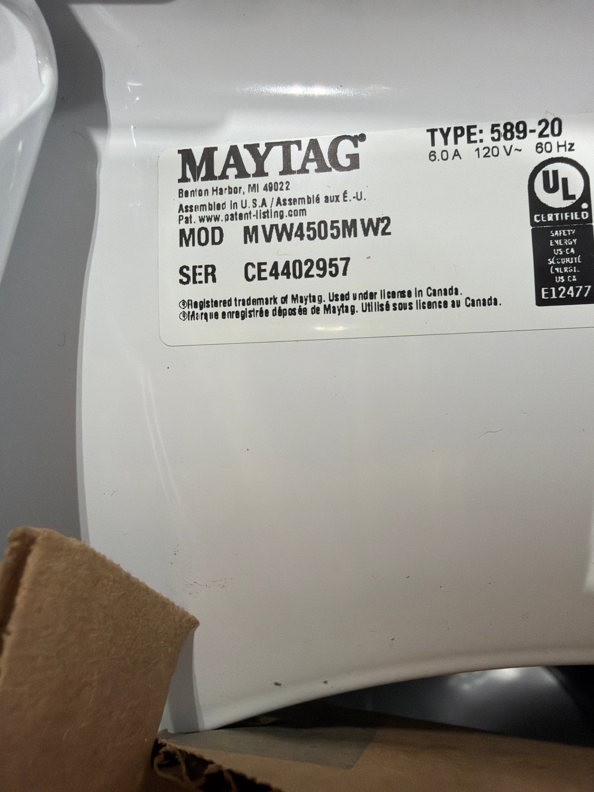 Maytag 4.5 cu ft High Efficiency Top Load Washer MVW4505MW - scratch and dent, Nampa ID (photo 5)