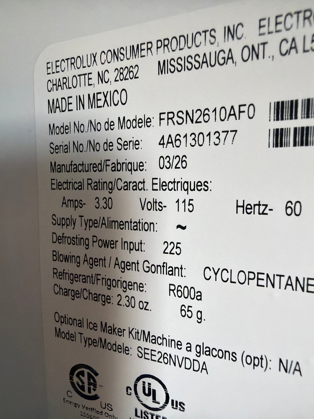 T9ID38 - Frigidaire FRSN2610AF Side-by-Side Refrigerator