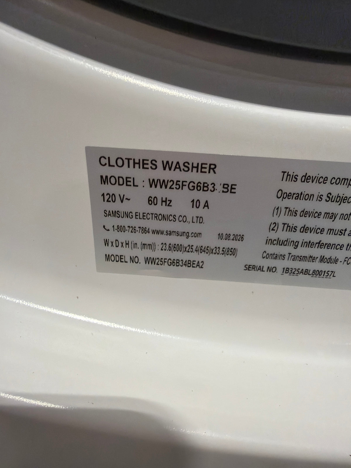 Samsung 2.5 cu ft Compact Front Load Washer WW25FG6B34BEA2 – T2NP40