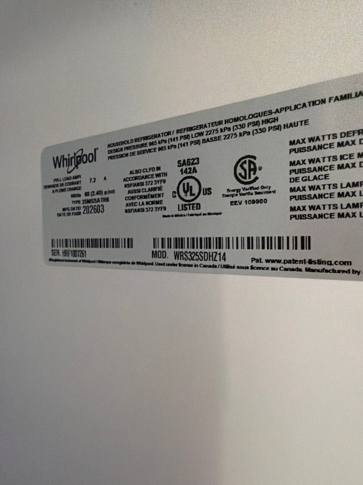 T10ID40 – WRS325SDHZ Side-by-Side Refrigerator – Whirlpool