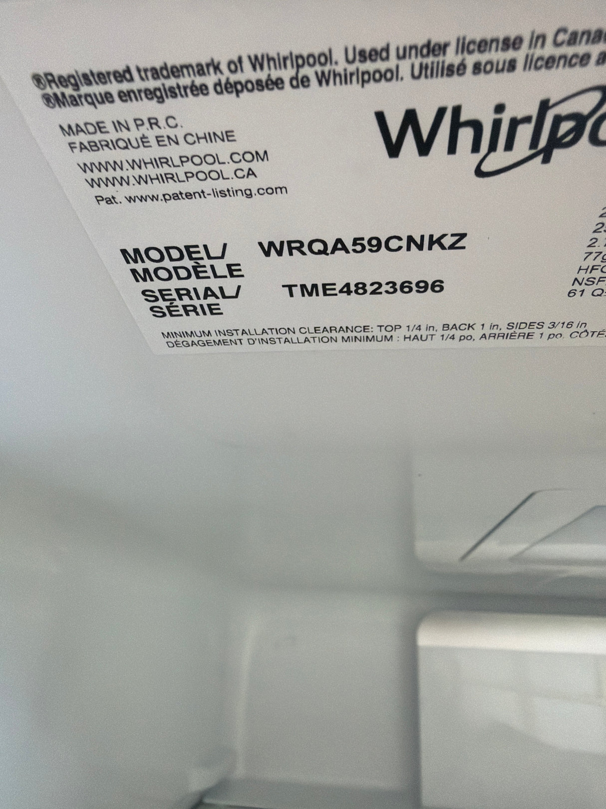 T10ID32 – WRQA59CNKZ 4-Door French Door Refrigerator – Whirlpool