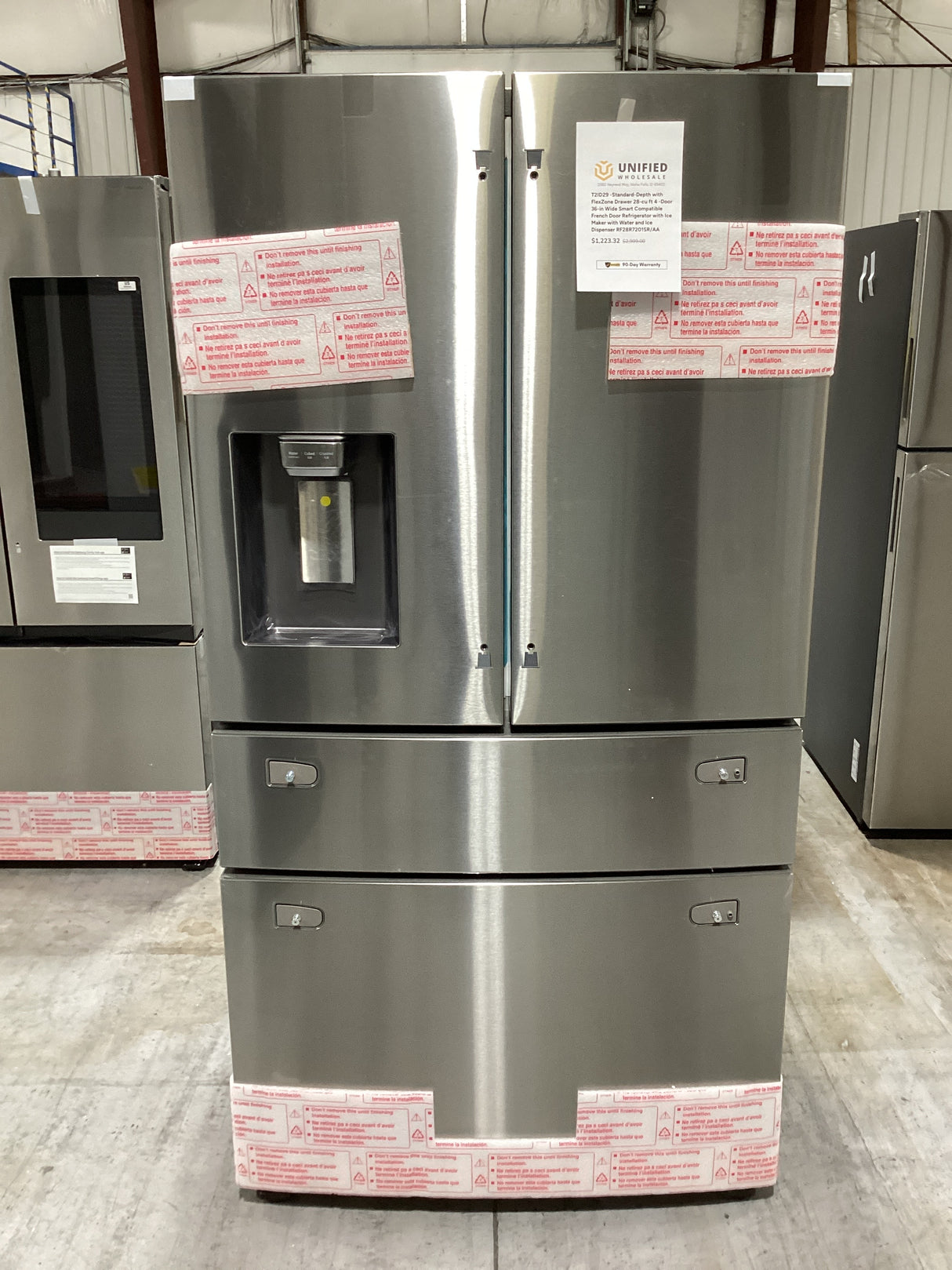 T2ID29 -Standard-Depth with FlexZone Drawer 28-cu ft 4 -Door 36-in Wide Smart Compatible French Door Refrigerator with Ice Maker with Water and Ice Dispenser RF28R7201SR/AA