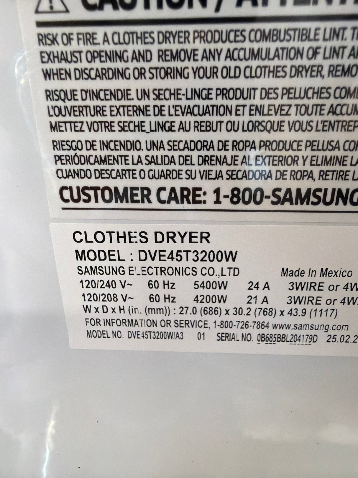 T8ID05 - Samsung DVE45T3200W/A3 Electric Dryer