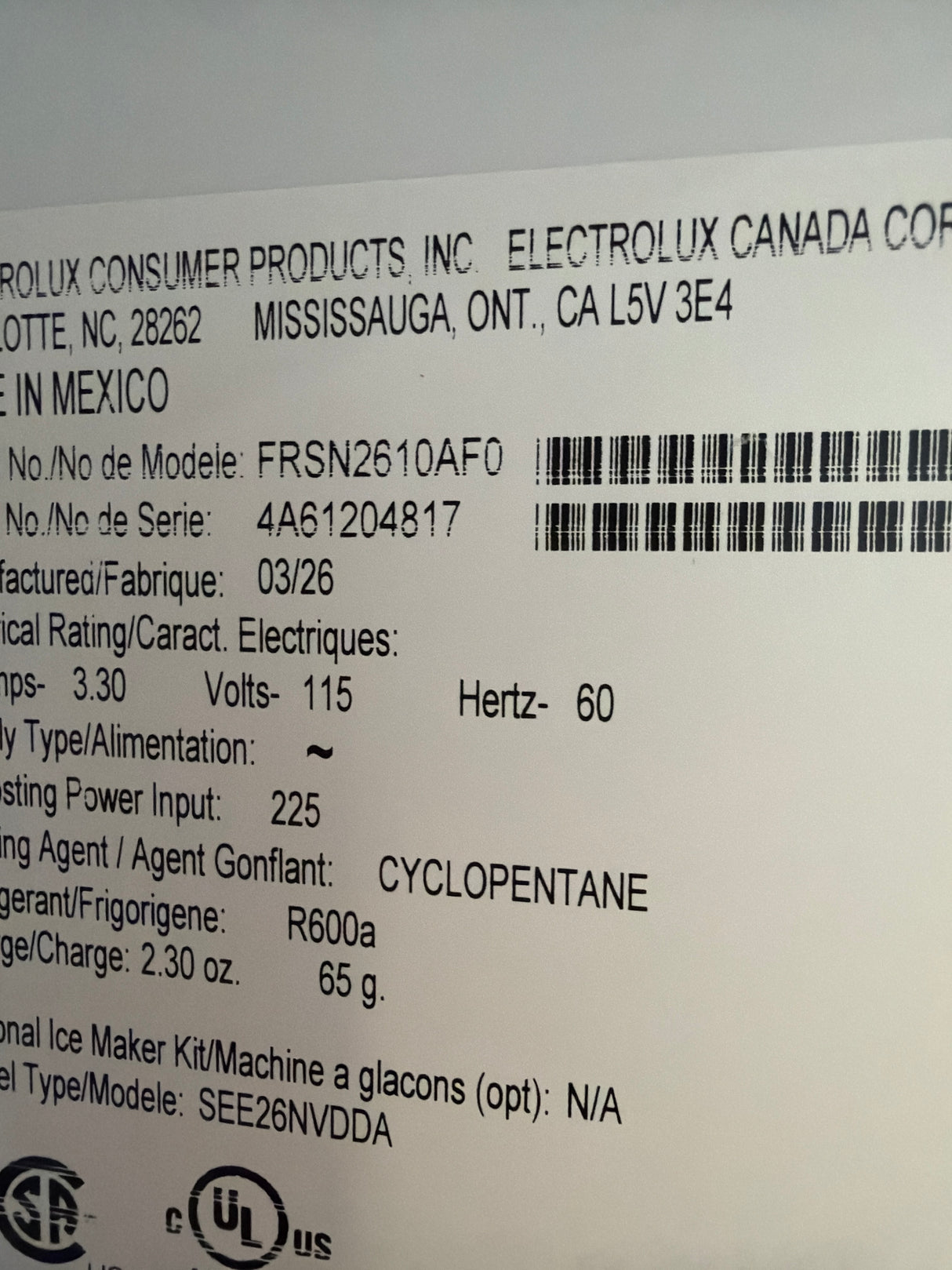 T9ID37 - Frigidaire FRSN2610AF Side-by-Side Refrigerator