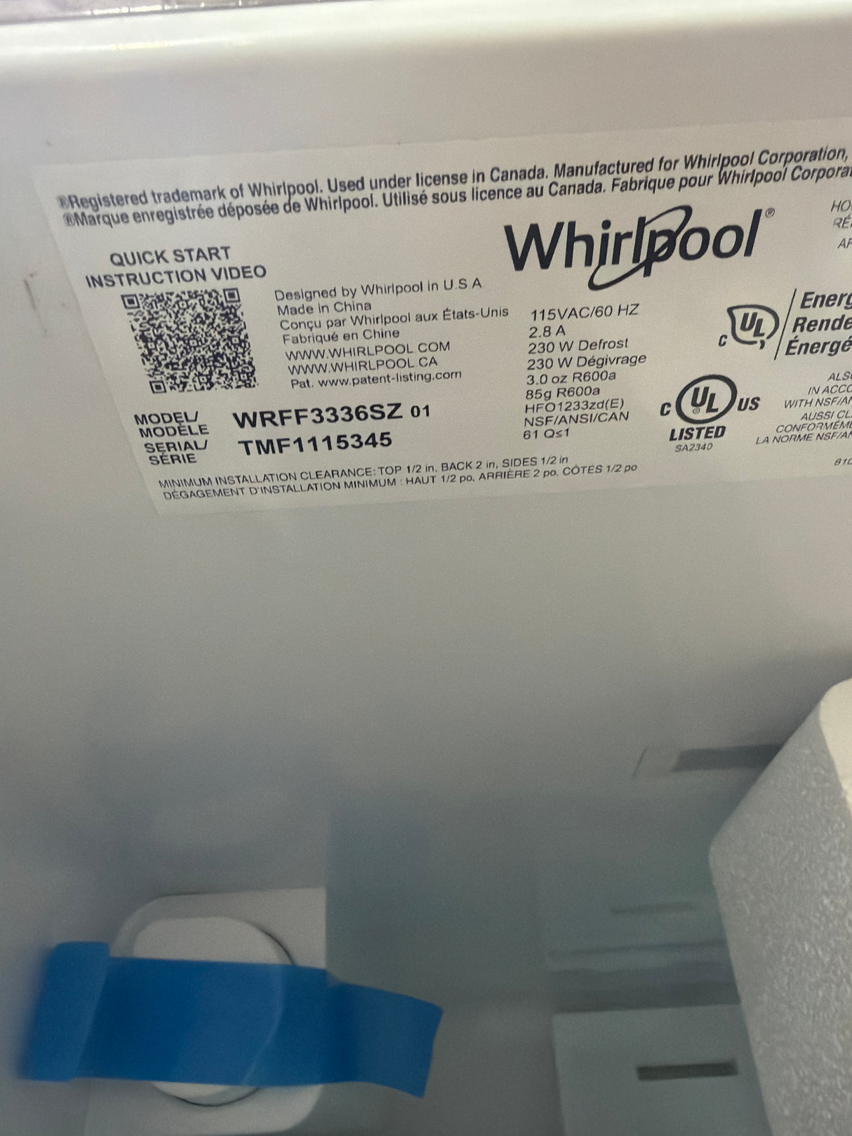 T10ID29 – WRFF3336SZ French Door Refrigerator – Whirlpool