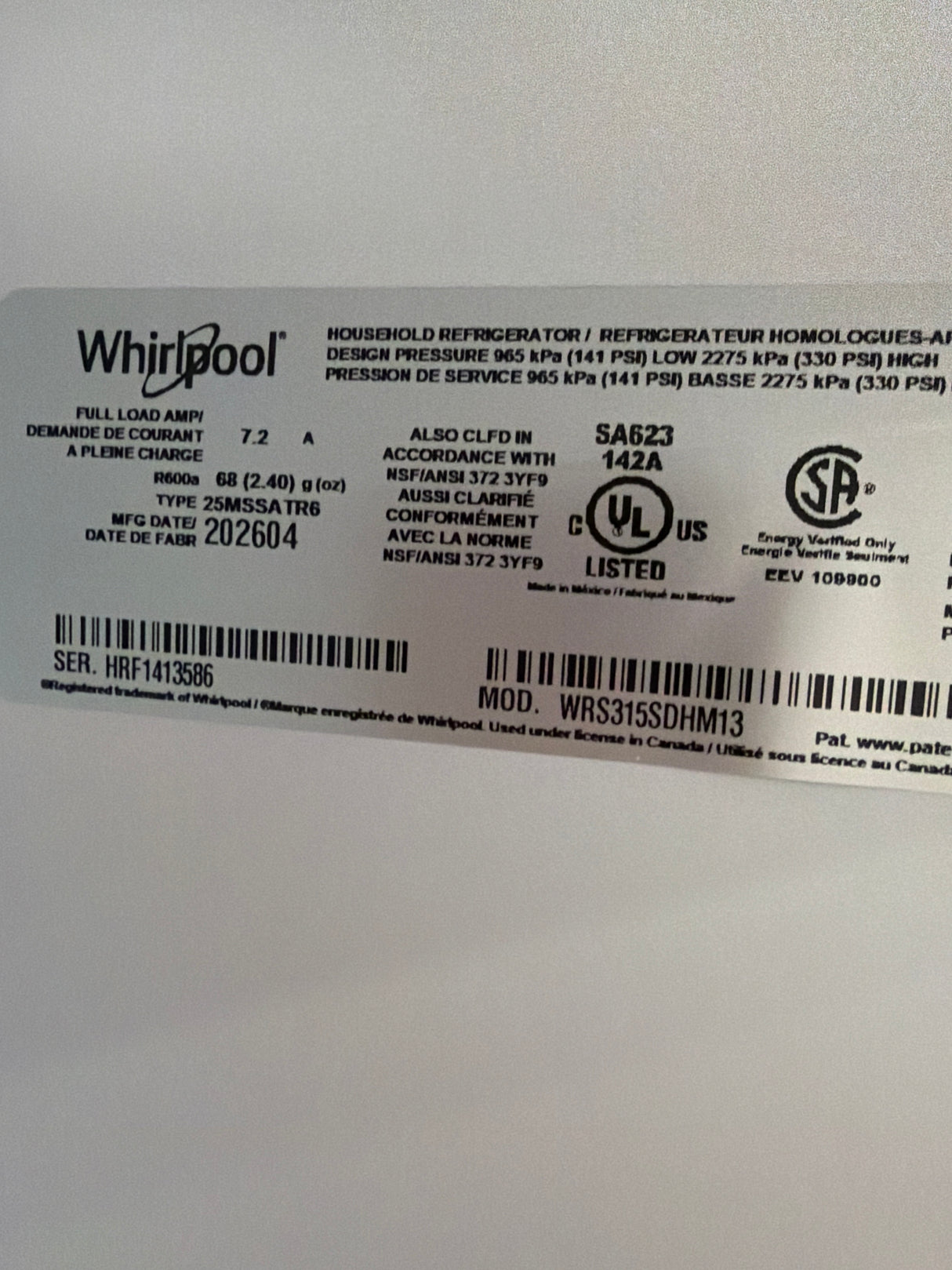T10ID41 – WRS315SDHM Side-by-Side Refrigerator – Whirlpool