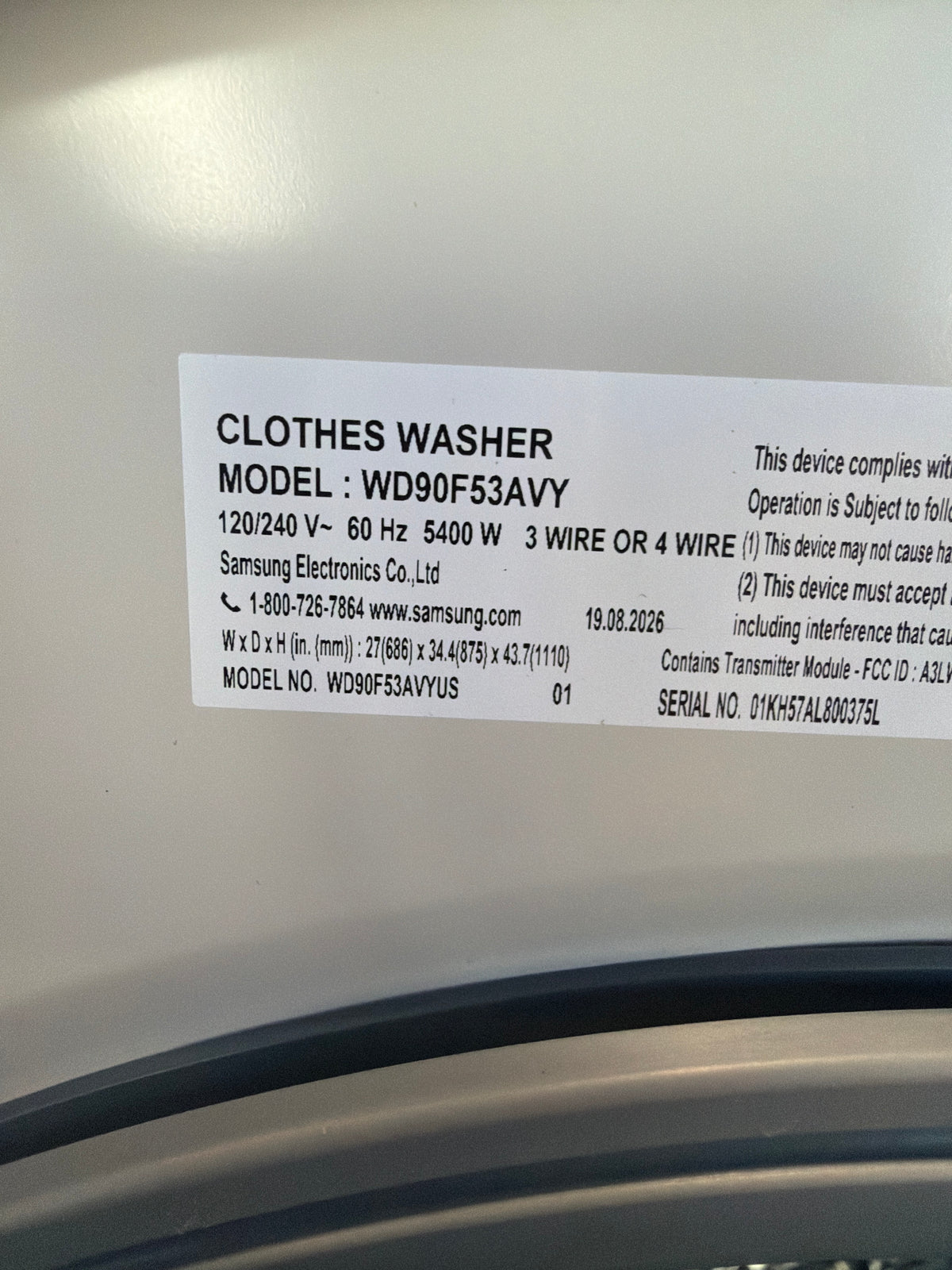 Samsung 5.3 cu ft Bespoke AI Vented All-in-One Washer & Dryer WD90F53AVYUS – T2NP01