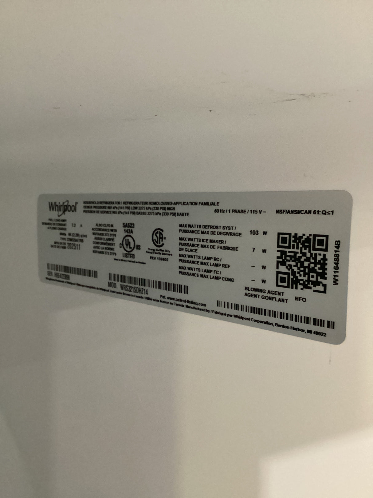 T7ID09 Whirlpool WRS321SDHZ Refrigerator Side-by-Side Stainless Steel