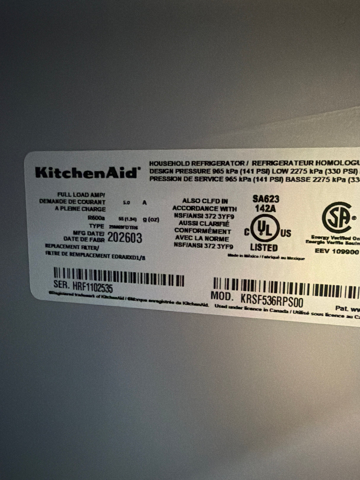 T10ID26 – KRSF536RPS Side-by-Side Refrigerator – KitchenAid