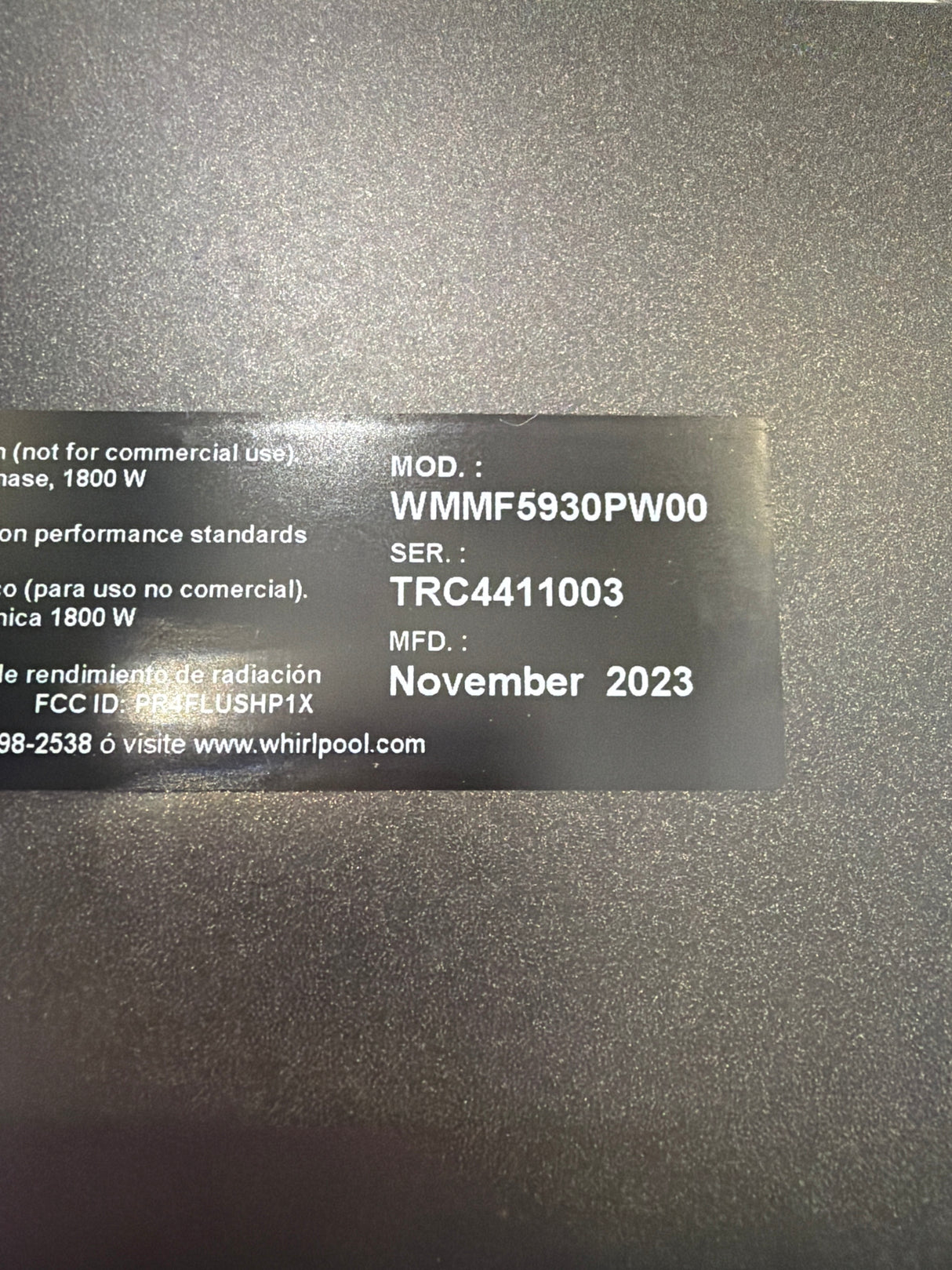 T7ID36 Whirlpool WMMF5930PW 1.1 Cu. Ft. Flush Mount Microwave with Turntable-Free Design