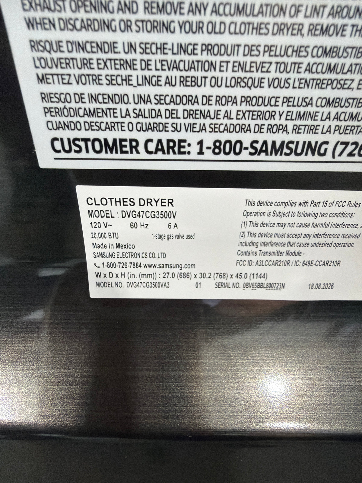 T13ID40 – DVG47CG3500VA3 7.4 Cu. Ft. Smart Gas Dryer – Samsung