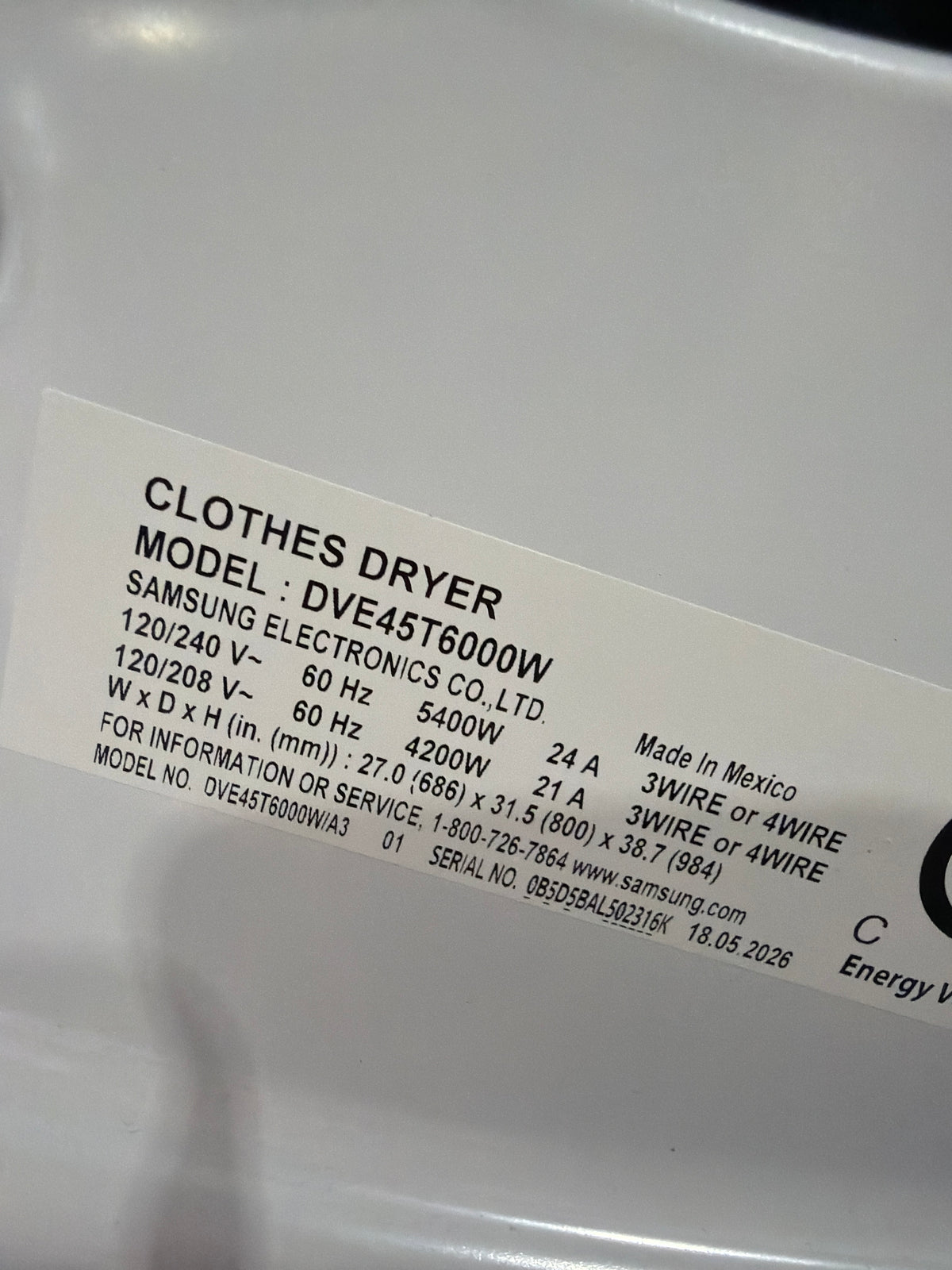 T13ID43 – DVE45T6000W/A3 7.5 Cu. Ft. Electric Dryer – Samsung