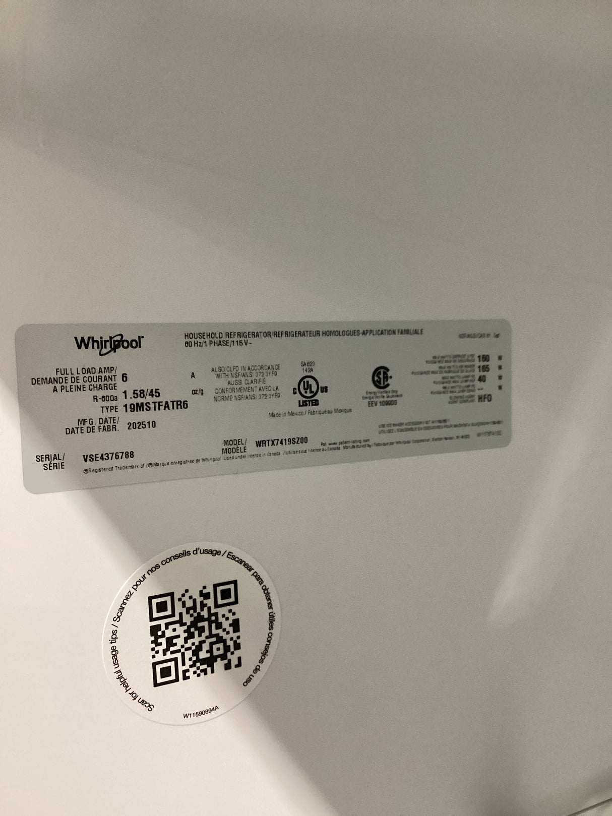 T7ID14 Whirlpool WRTX7419SZ Refrigerator Top Freezer 19 Cu. Ft.