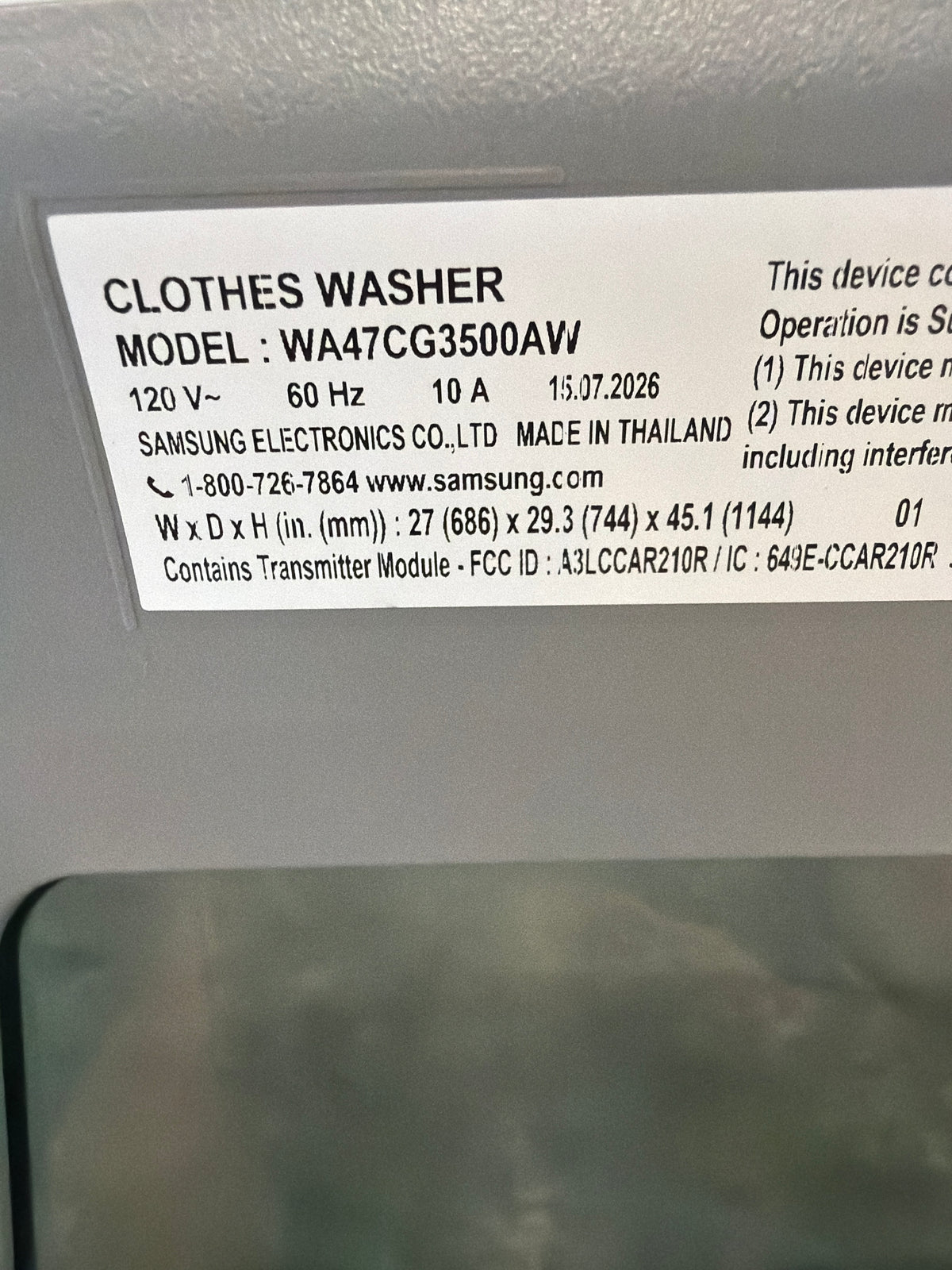 Samsung 4.7 cu ft Top Load Washer WA47CG3500AWA4 – T2NP42
