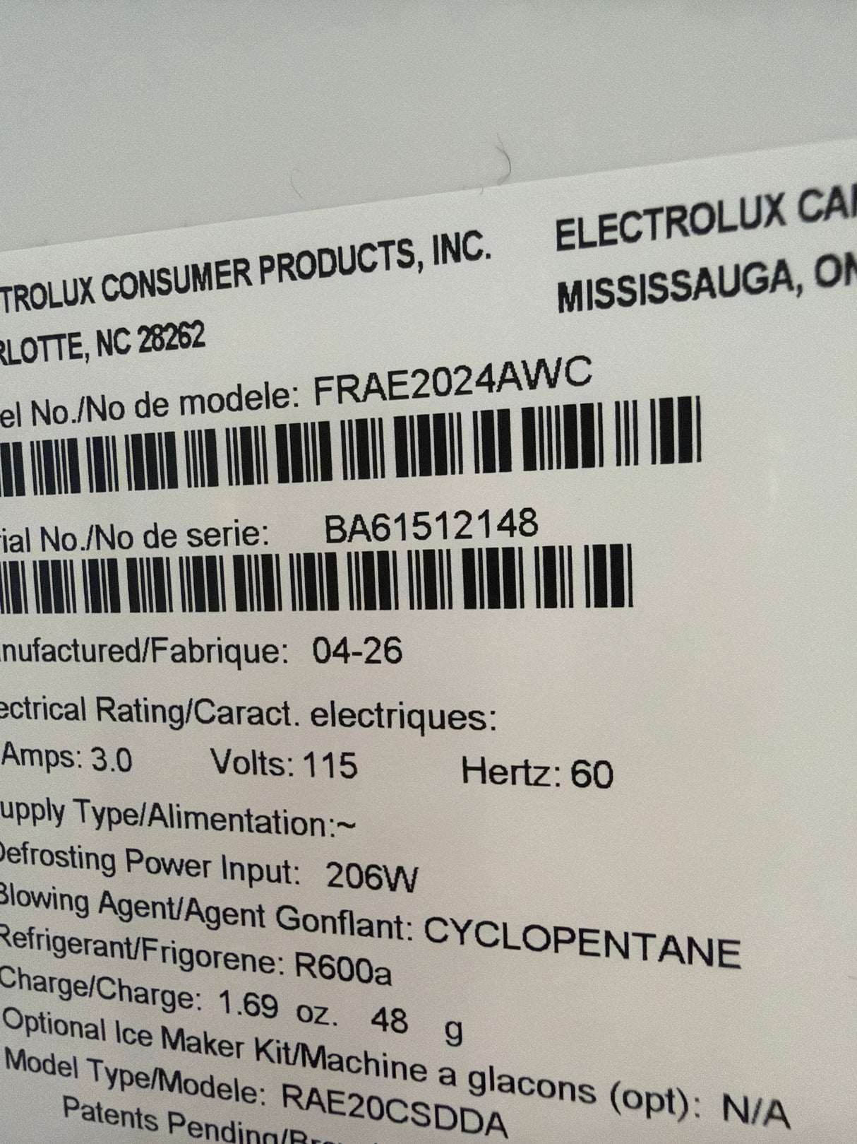 T9ID33 - Frigidaire FRAE2024AW Upright Refrigerator