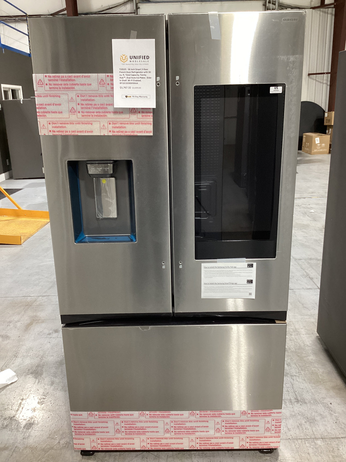 T2ID25 - 36 Inch Smart 3-Door French Door Refrigerator with 30 cu. ft. Total Capacity, Family Hub™, Dual Auto Ice Maker, Slide-In Shelf, Wi-Fi Enabled, RF32CG5900SRAA