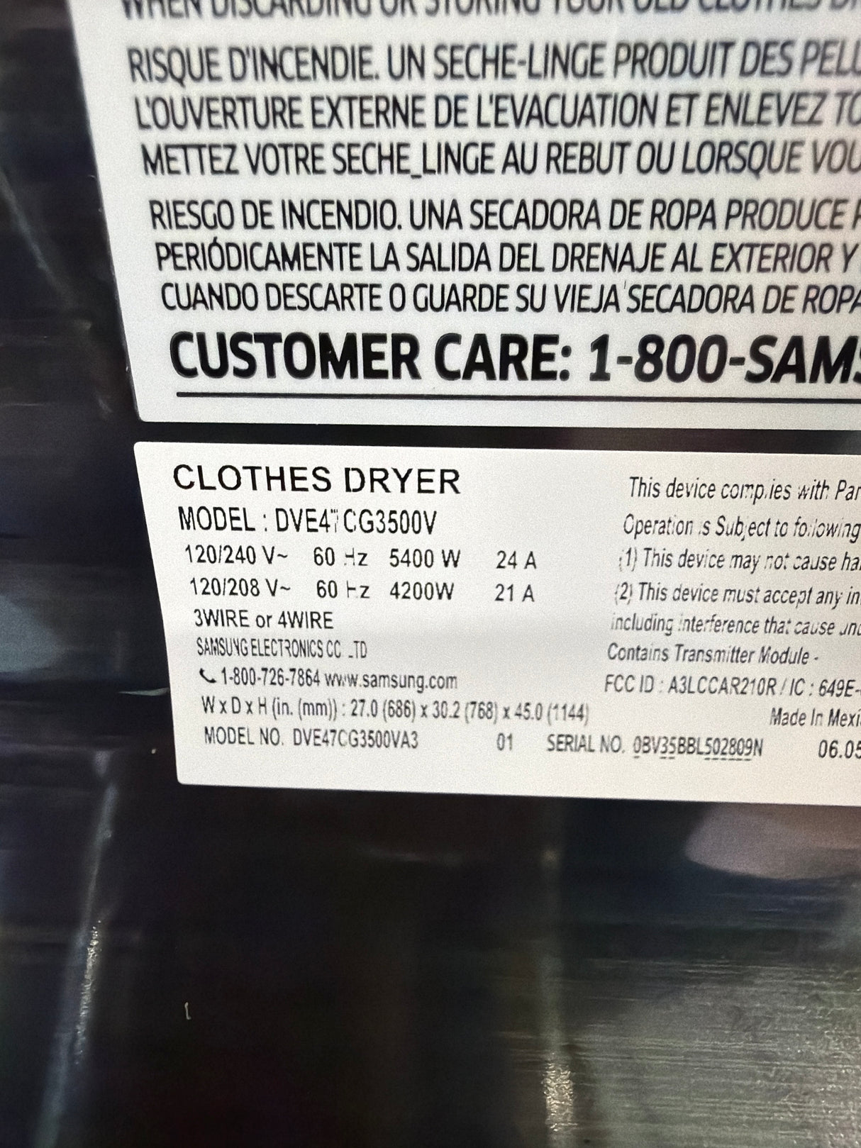 T8ID09 - Samsung DVE47CG3500V/A3 Smart Electric Dryer