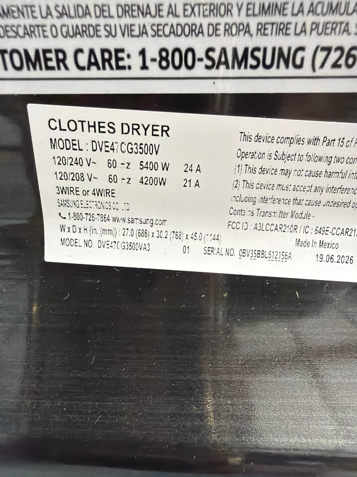 T13ID41 – DVE47CG3500VA3 7.4 Cu. Ft. Smart Electric Dryer – Samsung