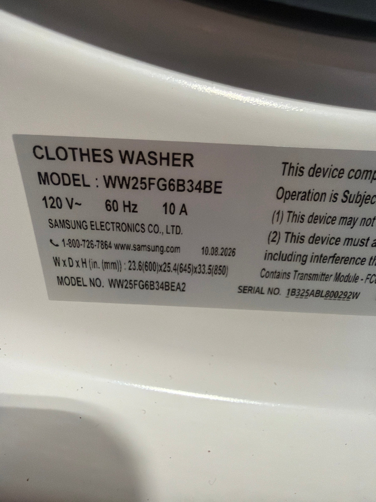 Samsung 2.5 cu ft Compact Front Load Washer WW25FG6B34BEA2 – T2NP39