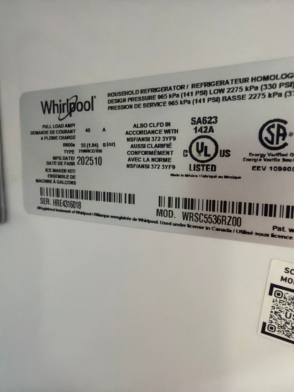 T10ID36 – WRSC5536RZ Side-by-Side Refrigerator – Whirlpool