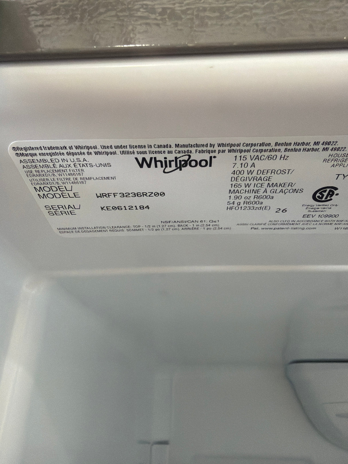 T7ID12 Whirlpool WRFF3236RZ Refrigerator French Door 25 Cu. Ft.