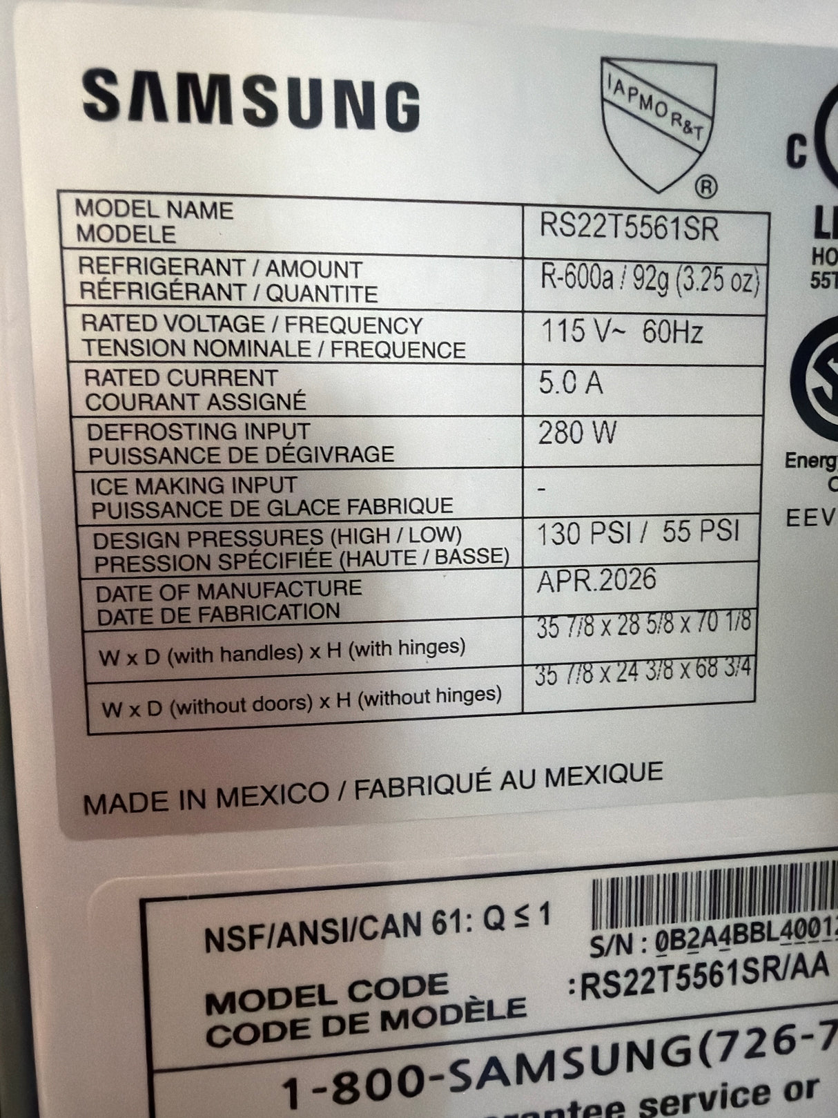 T8ID30 - Samsung RS22T5561SR/AA Side-by-Side Refrigerator
