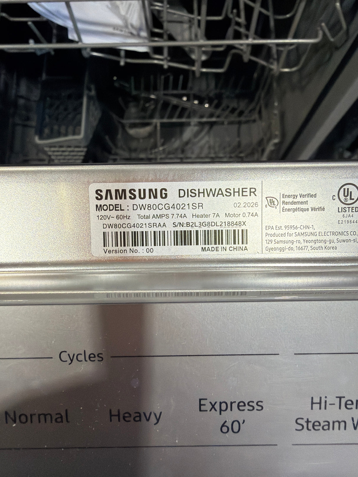 T8ID13 - Samsung DW80CG4021SR/AA Built-In Dishwasher