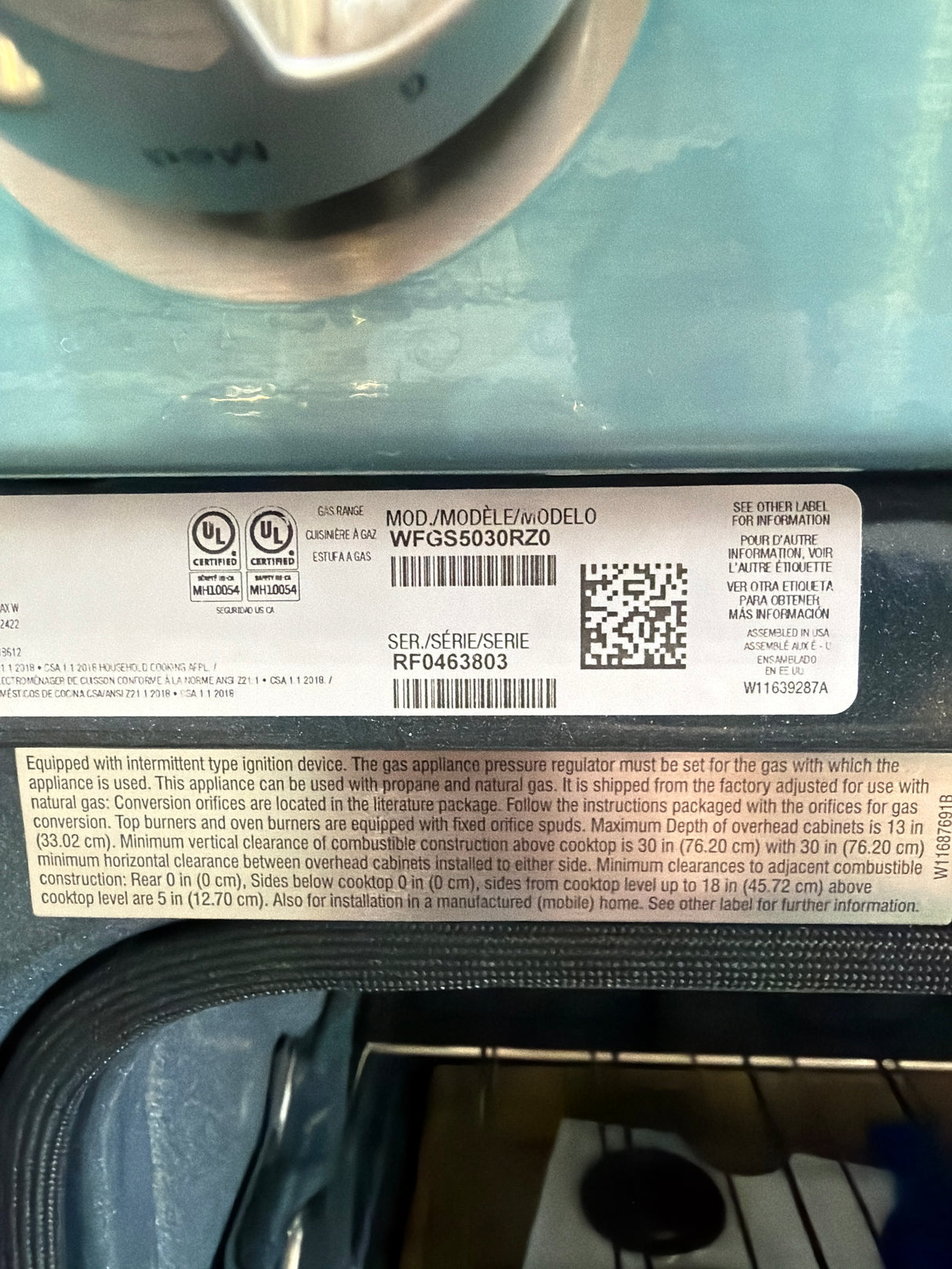 T7ID27 Whirlpool WFGS5030RZ Range Gas 5 Burner