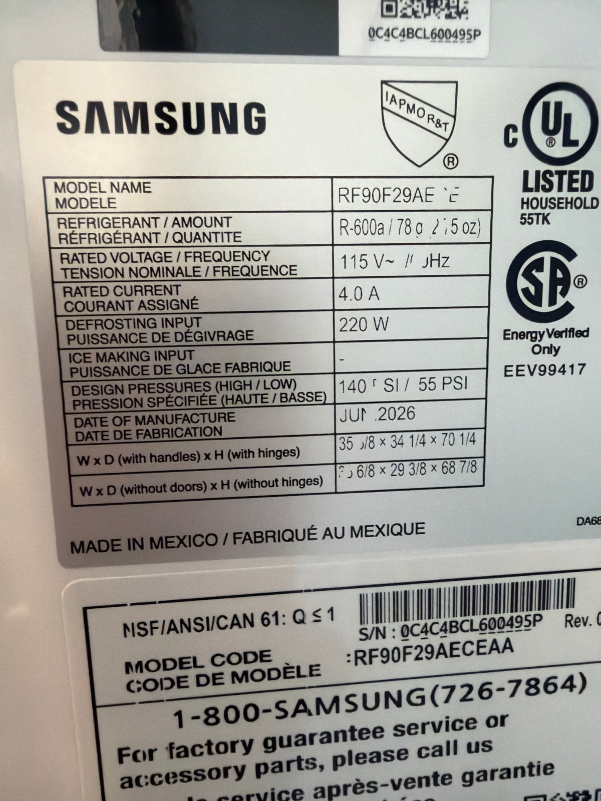 Samsung 29 cu ft French Door Refrigerator RF90F29AECEAA – T2NP32