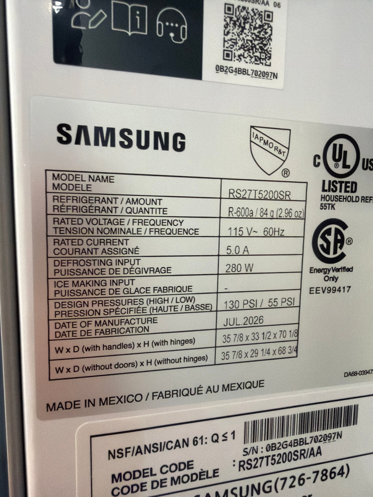 T11ID33 Samsung 27.4 cu ft Side-by-Side Refrigerator RS27T5200SR