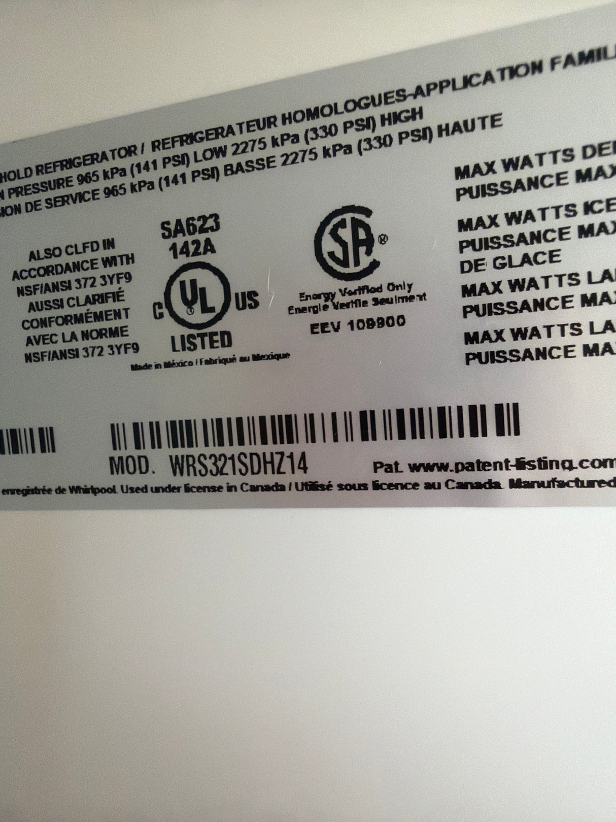 T7ID11 Whirlpool WRS321SDHZ Refrigerator Side-by-Side Stainless Steel