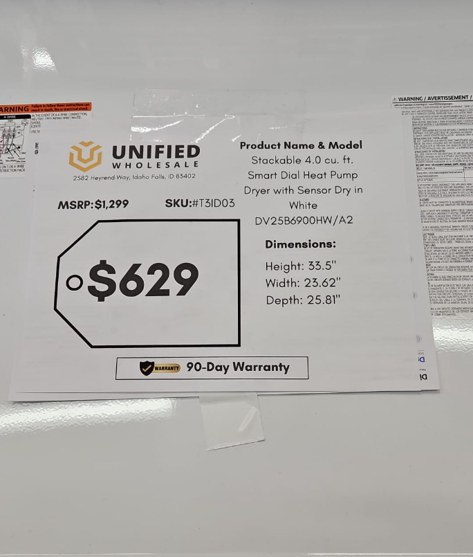 DV25B6900HW/A2 SAMSUNG Stackable 4.0 cu. ft. Smart Dial Heat Pump Dryer with Sensor Dry in White T3ID03