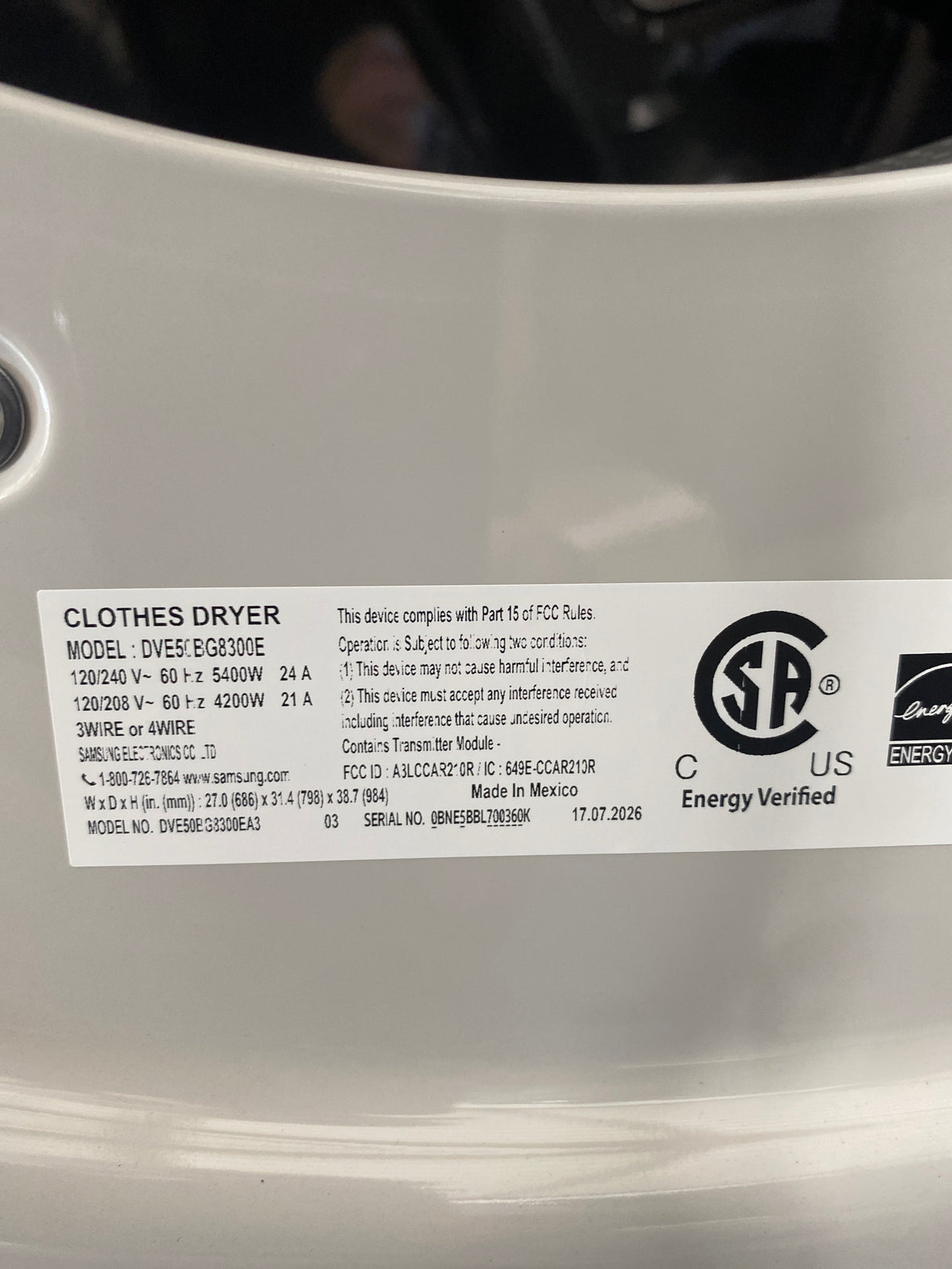 T11ID06 Samsung 7.5 cu ft Smart Electric Dryer with Steam DVE50BG8300EA3 –