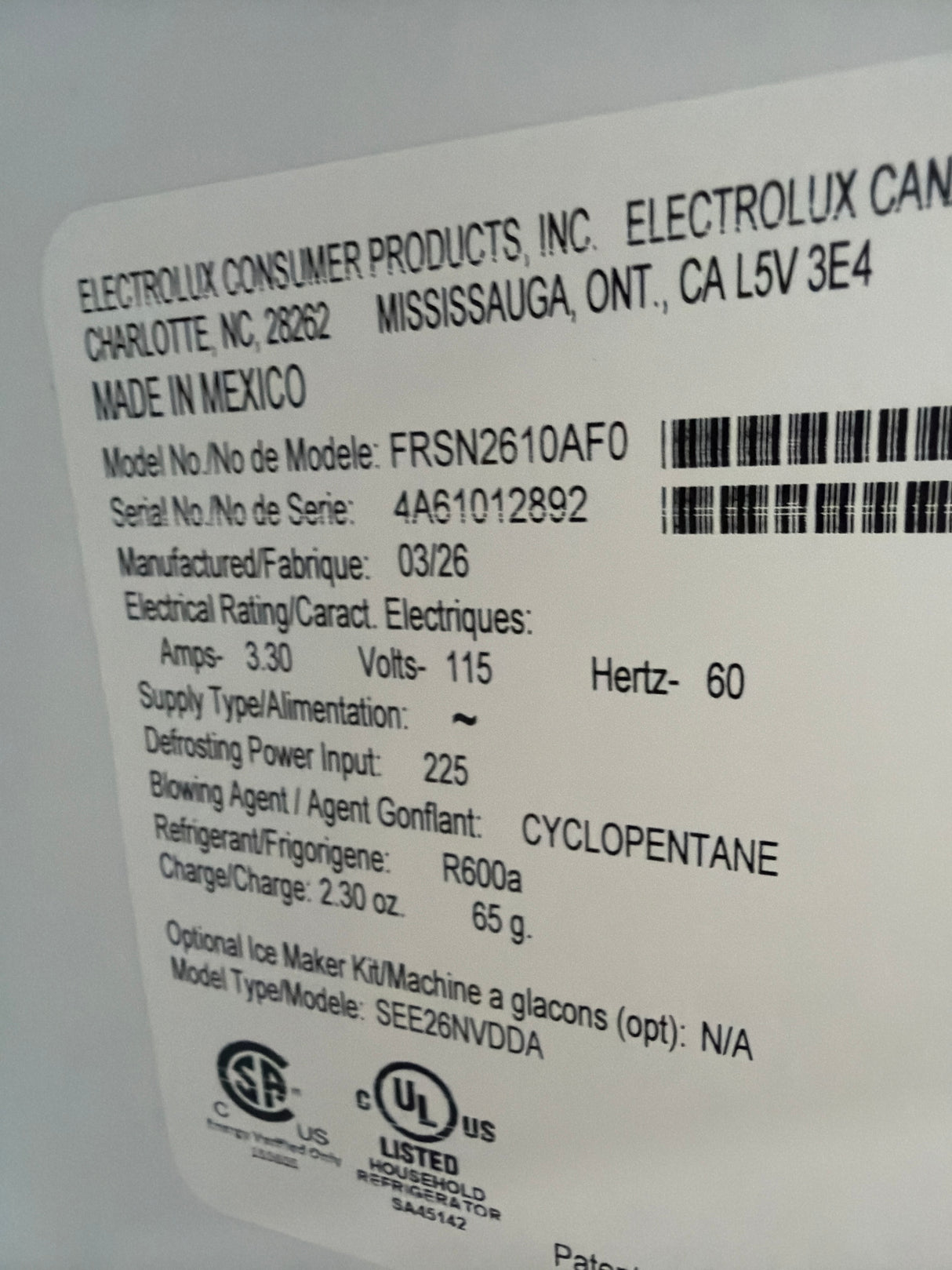 T9ID36 - Frigidaire FRSN2610AF Side-by-Side Refrigerator