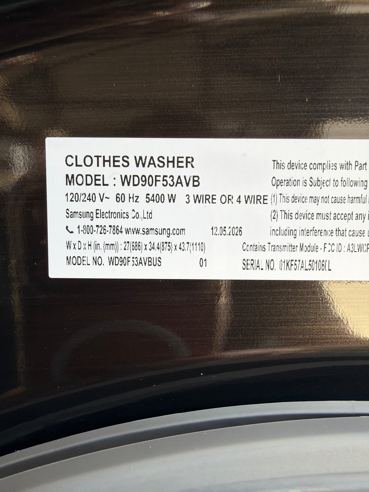 T8ID42 - Samsung WD90F53AVBUS All-in-One Washer Dryer Combo