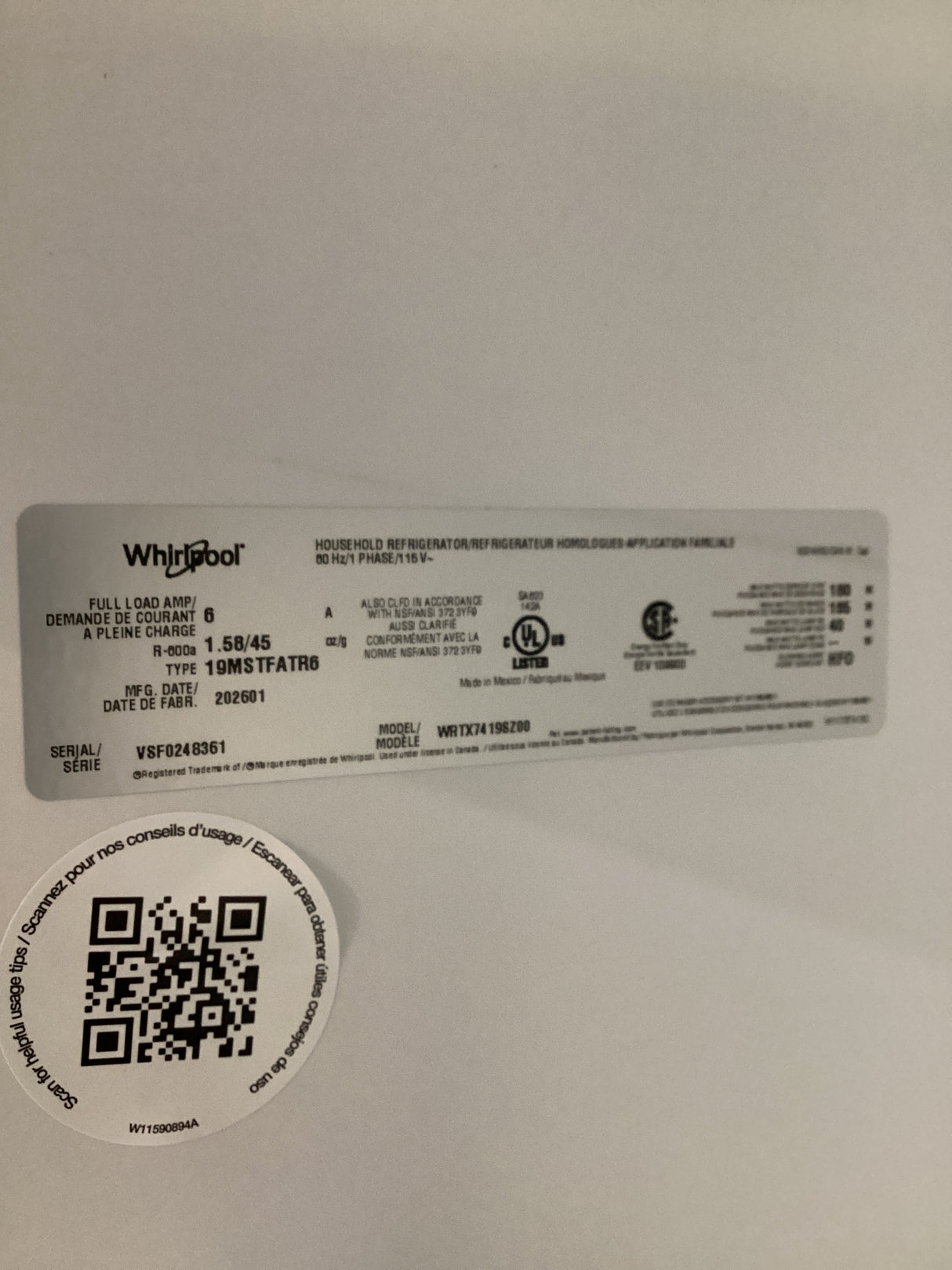 T7ID15 Whirlpool WRTX7419SZ Refrigerator Top Freezer 19 Cu. Ft.