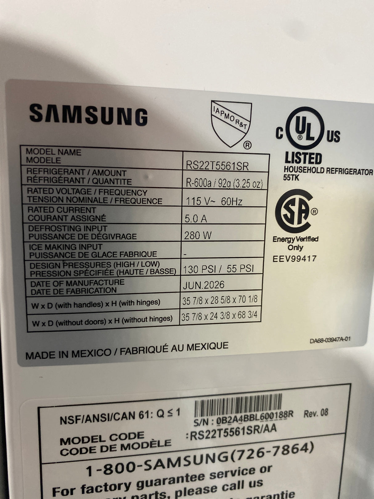 T12ID04 - Samsung RS22T5561SR/AA 21.5 cu. ft. Side-by-Side Refrigerator