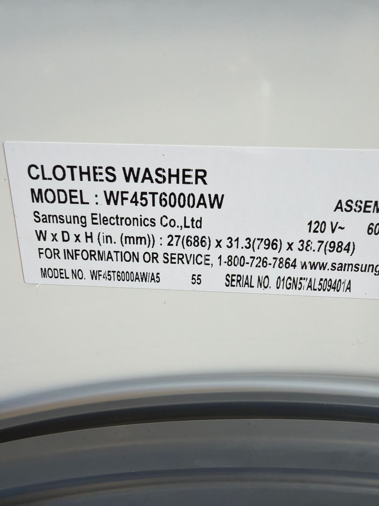 T8ID45 - Samsung WF45T6000AW/A5 Front Load Washer