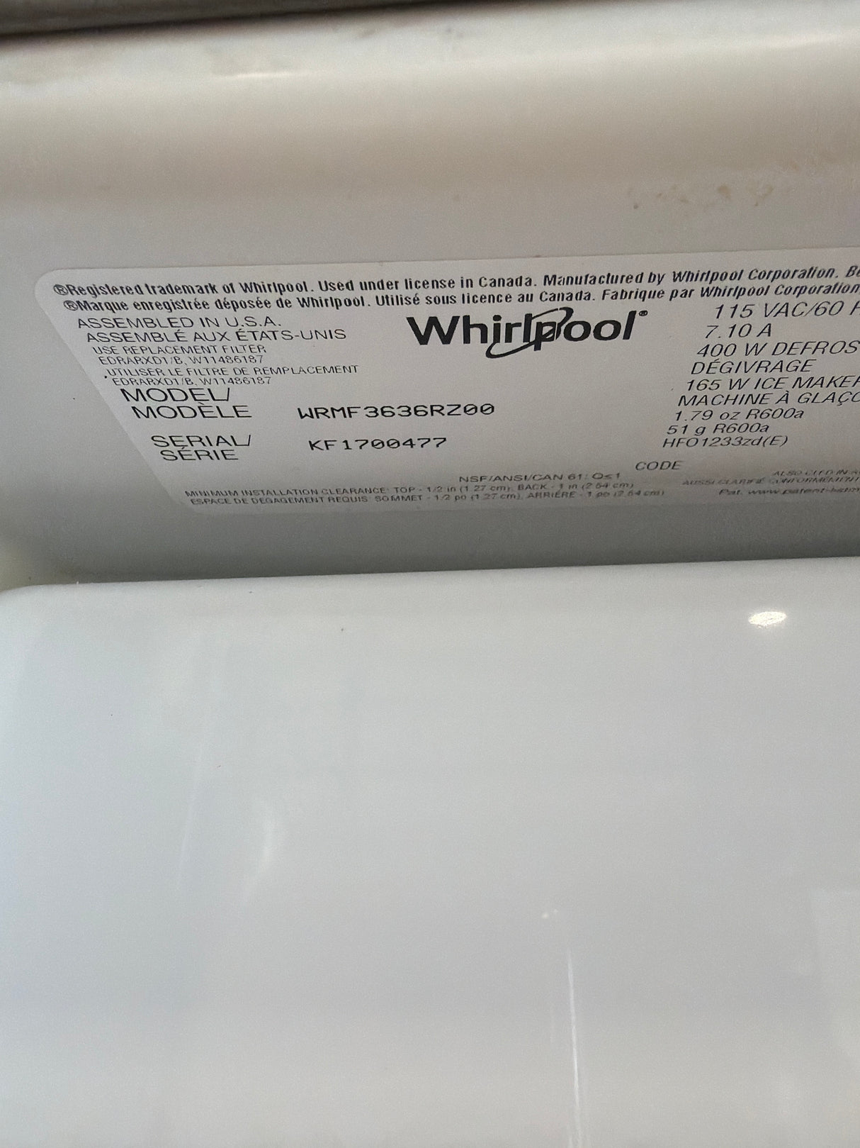 T10ID30 – WRMF3636RZ French Door Refrigerator – Whirlpool