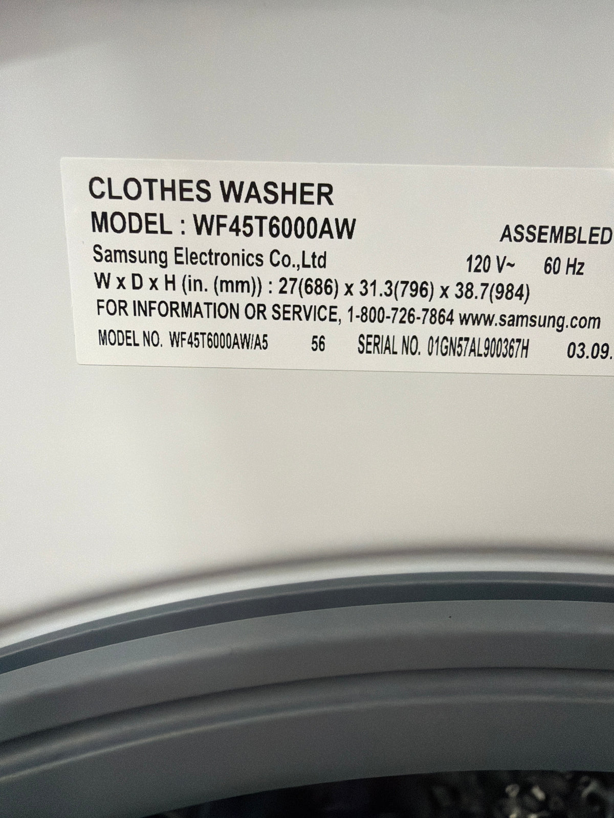 T13ID31 – WF45T6000AW/A5 4.5 Cu. Ft. Front Load Washer – Samsung