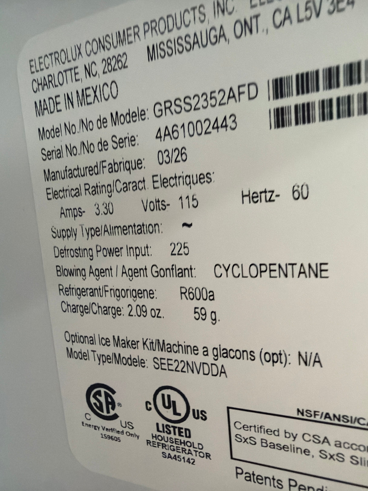 T9ID54 - Frigidaire GRSS2352AF Side-by-Side Refrigerator