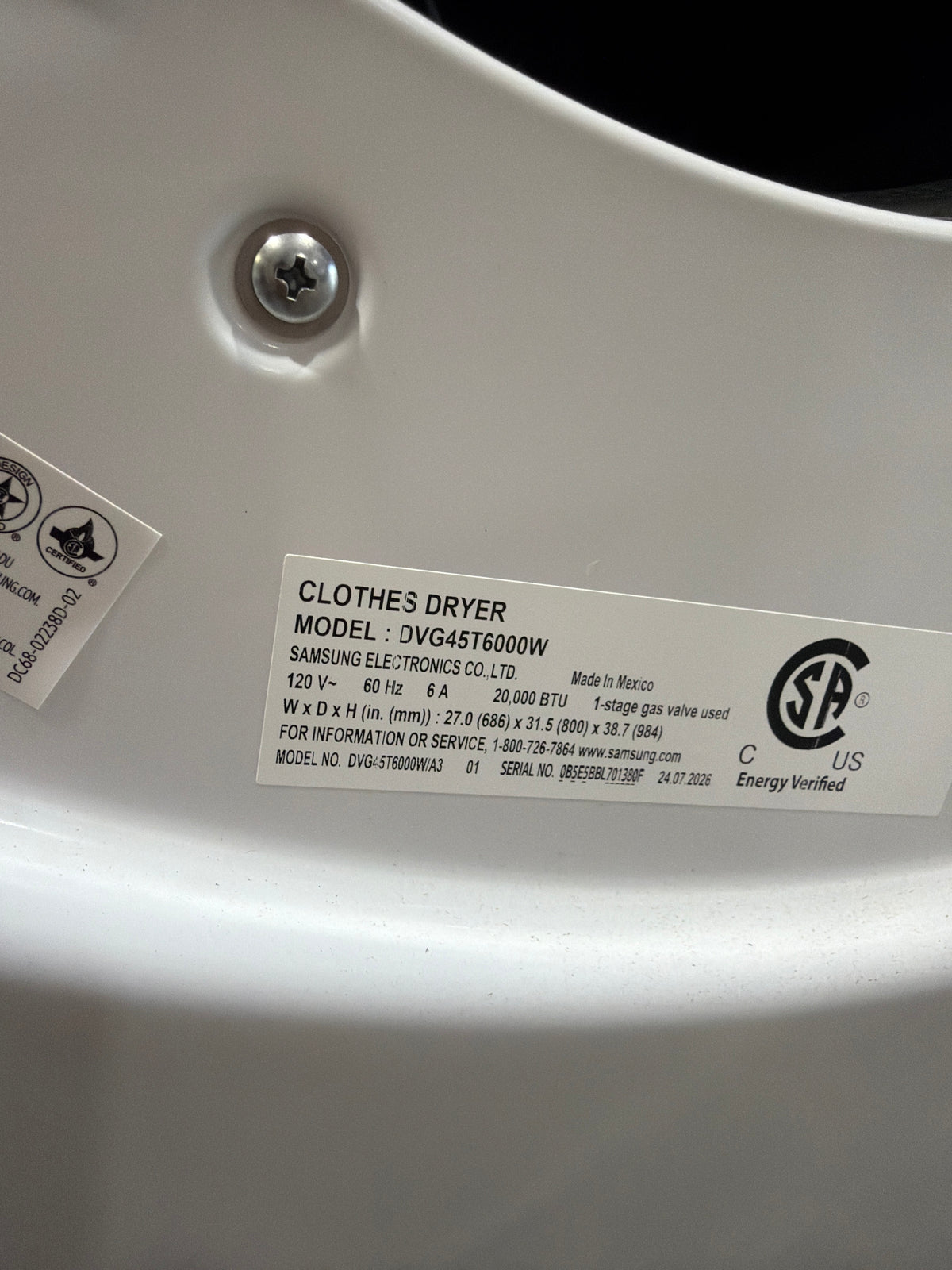 T13ID39 – DVG45T6000W/A3 7.5 Cu. Ft. Gas Dryer – Samsung
