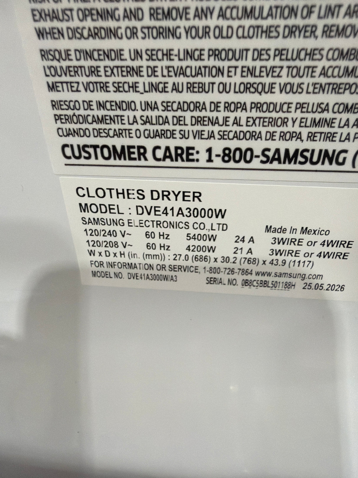 T8ID01 - Samsung DVE41A3000W/A3 Electric Dryer