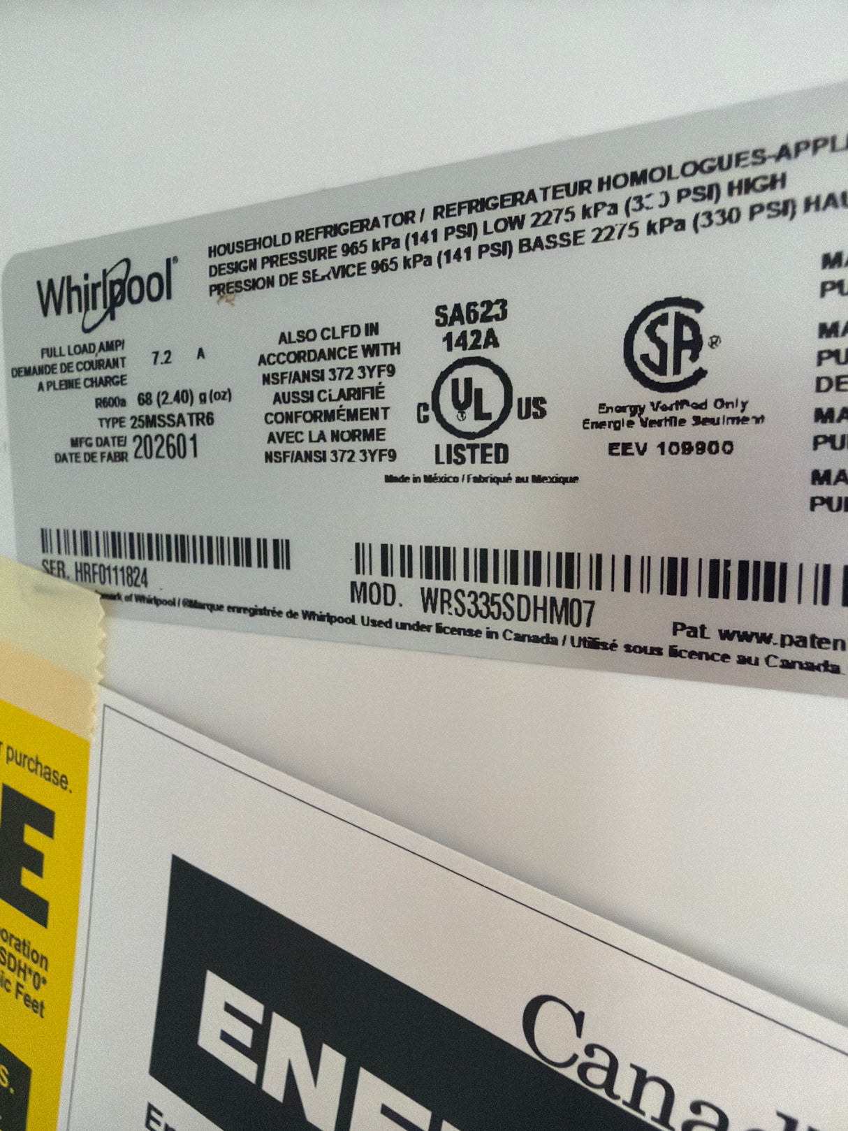 T10ID37 – WRS335SDHM Side-by-Side Refrigerator – Whirlpool