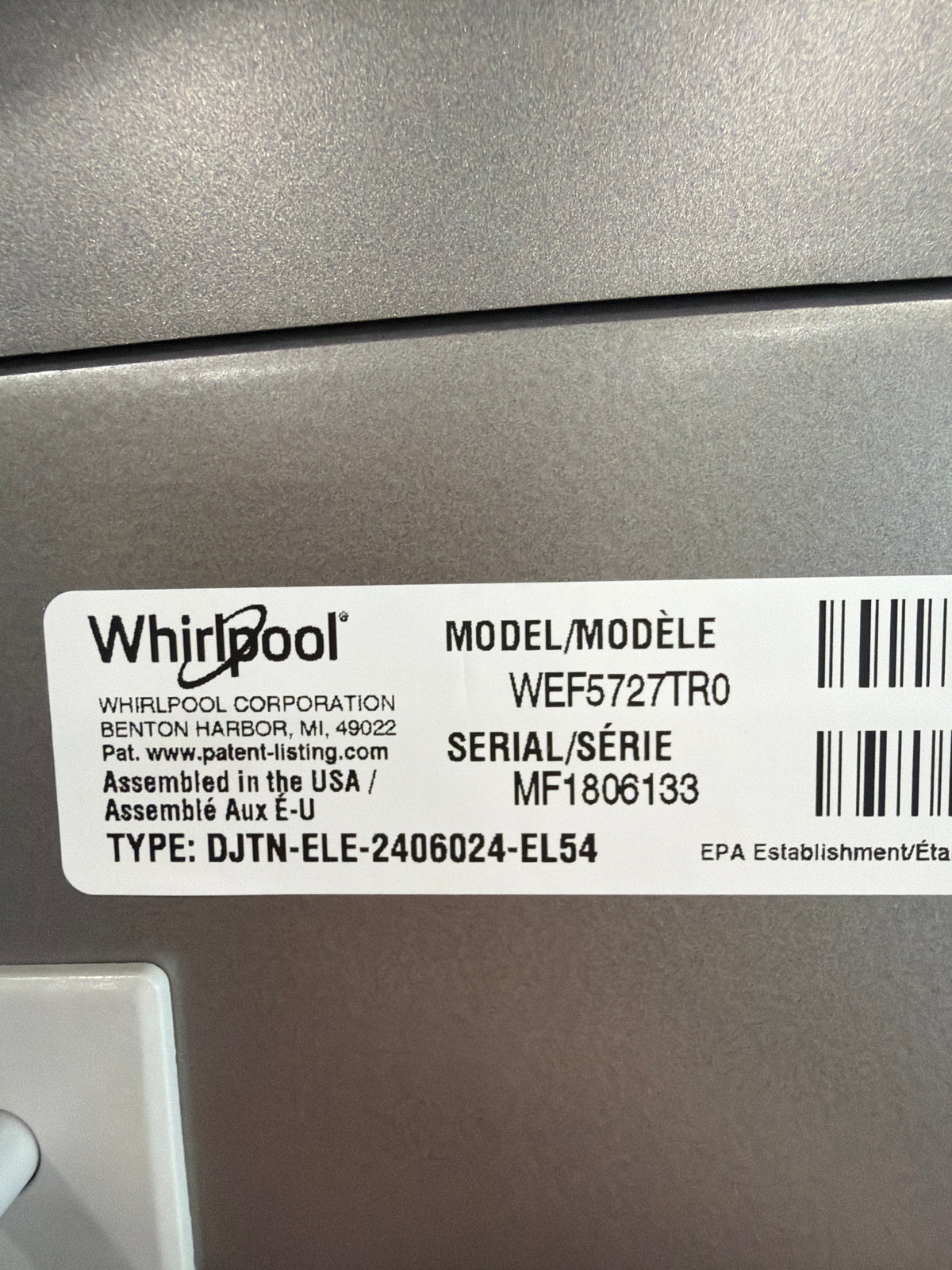Whirlpool Laundry Tower 4.5 cu ft Washer / 7.4 cu ft Electric Dryer WEF5727TR - scratch and dent, Nampa ID (photo 5)
